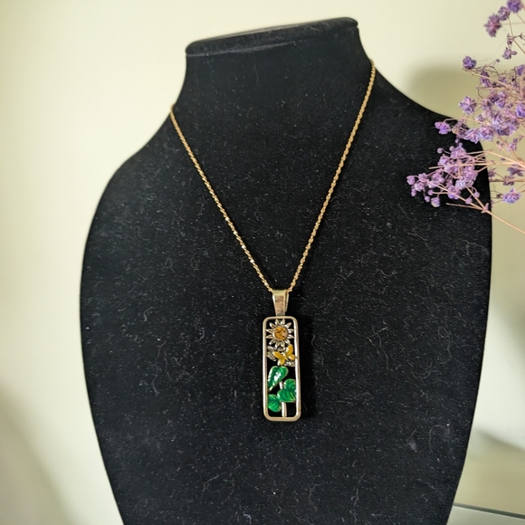 Gold and Green Sunflower Pendant Necklace - Picture 1 of 12
